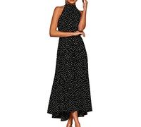 Abito da donna bohme chic con spalle scoperte, abito vintage a pois con scollo a cavezza con lacci, multicolore, casual, lungo e sottile, con balze confortevole, traspirante, per feste, spiaggia