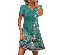 Abito da donna, casual, a maniche corte, estivo, elegante, lunghezza al ginocchio, mini abito leggero in cotone, con motivo floreale, stile bohémien, abito da spiaggia vintage, linea A, 40-verde, M