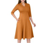 Abito da donna casual fluido, linea ad A, abito da chiesa, per chiesa, maniche a 3/4, scollo a V, per cocktail, matrimoni, ospiti, lavoro, Arancione, S