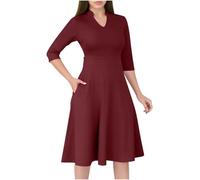Abito da donna casual fluido, linea ad A, abito da chiesa, per chiesa, maniche a 3/4, scollo a V, per cocktail, matrimoni, ospiti, lavoro, Rosso, S