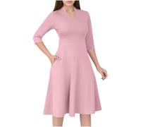 Abito da donna casual fluido, linea ad A, abito da chiesa, per chiesa, maniche a 3/4, scollo a V, per cocktail, matrimoni, ospiti, lavoro, rosa, XXL