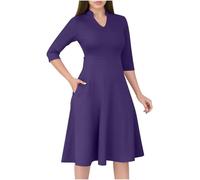 Abito da donna casual fluido, linea ad A, abito da chiesa, per chiesa, maniche a 3/4, scollo a V, per cocktail, matrimoni, ospiti, lavoro, Viola, S
