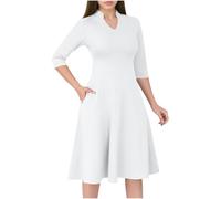 Abito da donna casual fluido, linea ad A, abito da chiesa, per chiesa, maniche a 3/4, scollo a V, per cocktail, matrimoni, ospiti, lavoro, bianco, M