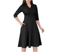 Abito da donna casual fluido, linea ad A, abito da chiesa, per chiesa, maniche a 3/4, scollo a V, per cocktail, matrimoni, ospiti, lavoro, Nero , XL