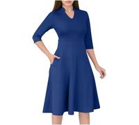Abito da donna casual fluido, linea ad A, abito da chiesa, per chiesa, maniche a 3/4, scollo a V, per cocktail, matrimoni, ospiti, lavoro, Marina Militare, XXL