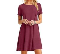 Abito da donna casual taglio ampio estivo mini per linea ad A con maniche corte leggero tinta unita sopra il ginocchio stile semplice, Rosso vinaccia, L
