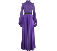 Abito da donna chic viola da festa, colletto alla coreana, maniche lunghe, elastico in vita, abito lungo plissettato sottile, Viola, L