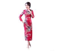 Abito da donna cinese Cheongsam con elegante stampa pavone manica lunga Qipao per feste primaverili estive e uso quotidiano per il tempo libero nei colori nero o rosa, taglie da S a tre XL XL rosa
