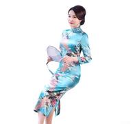 Abito da donna cinese Cheongsam con elegante stampa pavone manica lunga Qipao per feste primaverili estive e uso quotidiano per il tempo libero nei colori nero o rosa, taglie da S a tre XL (3XL blu)