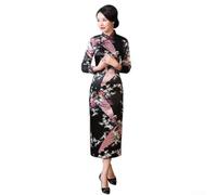 Abito da donna cinese Cheongsam con elegante stampa pavone manica lunga Qipao per feste primaverili estive e uso quotidiano per il tempo libero nei colori nero o rosa, taglie da S a tre XL (L nero)