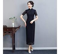Abito da donna cinese in pizzo per feste a maniche corte con colletto in pizzo Cheongsam Qipao per feste di nozze, nero, XL