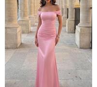 Abito da donna colore unito con spalle scoperte arricciato aderente elegante formale da cocktail ballo di fine anno matrimonio rosa baby estate L,M,S,XLColore unicoTessuto intrecciato
