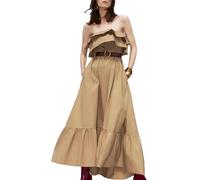 Abito da donna comodo in cotone con spalle scoperte - Volant senza spalline cintura casual quotidiano, cachi, S
