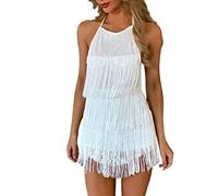 Abito da donna con allacciatura al collo, con schiena scoperta - abito da festa, sexy, in pizzo con nappa animata, abito da cocktail, abito da ballo, abito da sera, elegante da ballo, bianco, M