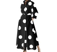 Abito da donna con colletto e risvolto a maniche lunghe, scollo a V, elegante abito lungo a pipistrello a maniche lunghe a trapezio, Nero Big White Dots, XL