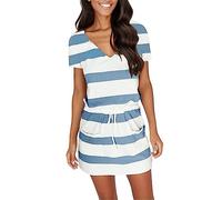 Abito da donna con cravatta frontale con scollo a V, spalline sottili, schiena scoperta, morbido, confortevole, due tasche sull'orlo, cosa vuoi mettere? Weekend, Azzurro, XXL
