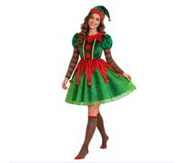 Abito da donna con foglie di Natale Elfo per adulti, 3 pezzi | Abito corto da donna in tulle con cappello e calze a maniche lunghe trapezio per carnevale Natale