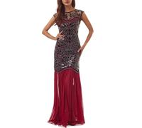 Abito da donna con glitter in rete con paillette, abito da sera lungo, vintage, tinta unita, elegante, senza maniche, alla moda, comodo, a matita, per il tempo libero, vino, XL