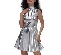 Abito da donna con glitter metallizzato, senza maniche, effetto bagnato, stile astronauto, stile olografico, metallico, lucido, con gonna glitterata, mini abito da festa, Carnevale, abito per