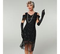 Abito da donna con inserti, frange, spalle scoperte, maniche corte, stile vintage anni '20, paillettes, elegante, da cocktail, semi-formale, per ballo, matrimonio, ospite, autunnale, nero L,M,S,XL,XXL