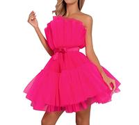 Abito da donna con maniche a sbuffo in tulle, con spalle scoperte, a maniche lunghe, estive, in rete, per feste, balli, mini fate, in tulle, da donna, corto, senza spalline, in rete, Rosa caldo, L
