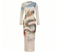 Abito da donna con maniche lunghe, multicolore, con elementi cinesi e orientali, stile pittura ad inchiostro, con dragone, nuvole e cielo, in tessuto a rete e trasparente, sexy, stile Y2K e streetwear