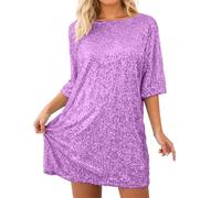 Abito da donna con paillette, a maniche corte, per feste, cocktail, club, scollo rotondo, linea ad A, mini abito da sera scintillante, abito da ballo, casual, plissettato, per il tempo libero, O viola