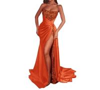 Abito da donna con paillettes glitterate e spacco alto, abito da damigella d'onore a sirena in raso lungo abito da sposa formale, Arancione, 42