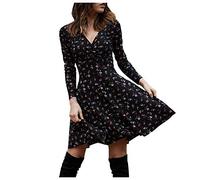 Abito da donna con scollo a V, a maniche lunghe, abito avvolgente, abito da festa, motivo floreale, chiffon, abito skater, abiti casual, mini abito, linea A, abiti swing, moda vintage, donna