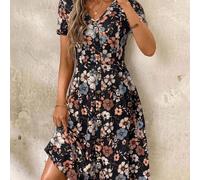 Abito da donna con scollo a V, bottoni, pois rossi e vita stretta, abito primaverile, adatto per San Valentino L,M,S,XLPianteTessuto in maglia