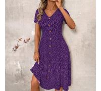 Abito da donna con scollo a V, bottoni, pois rossi e vita stretta, vestito primaverile, adatto per San Valentino L,M,S,XLTessuto in maglia