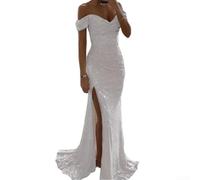 Abito da donna con scollo a V e spalle scoperte con paillettes per tutte le stagioni per feste serali (XL argento)