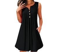 Abito da donna con scollo a V estivo senza maniche a pieghe con bottoni a canotta carino casual tinta unita abito da spiaggia elegante per le donne, Nero , L