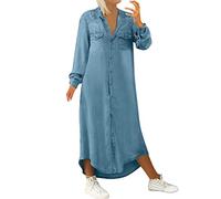 Abito da donna con scollo a V, in denim, estivo, a maniche lunghe, per feste, a tunica, in jeans, per il tempo libero, da donna, stile vintage, con tasche, Azzurro, L