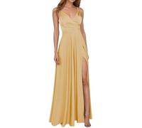 Abito da donna con scollo a V, in raso, formale, linea ad A, tinta unita, per il tempo libero, comodo, basic, per balli di fine anno, con spacco, gold, XXL