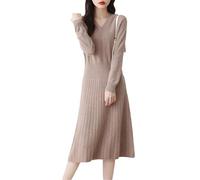 Abito da donna con scollo a V in vita slim fit plissettato 100% lana merino maglione lavorato a maglia per ufficio pendolarismo spesso abito caldo, Marrone e grigio., L