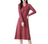 Abito da donna con scollo a V in vita slim fit plissettato 100% lana merino maglione lavorato a maglia per ufficio pendolarismo spesso abito caldo, Rosso, L