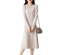 Abito da donna con scollo a V in vita slim fit plissettato 100% lana merino maglione lavorato a maglia per ufficio pendolarismo spesso abito caldo, avorio, L