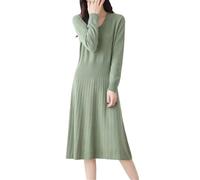 Abito da donna con scollo a V in vita slim fit plissettato 100% lana merino maglione lavorato a maglia per ufficio pendolarismo spesso abito caldo, Turchese, L