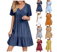 Abito da donna con scollo a V, linea A, abito da spiaggia, a maniche corte, vestito arioso, tinta unita, abito estivo bohémien, casual, per le vacanze, elegante e casual, Arancio 1, 3XL