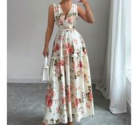 Abito da donna con scollo a V, maniche corte, arricciato, con motivo floreale ditsy, design romantico francese, vita stretta, look lusinghiero, versatile per appuntamenti, feste, strati, primavera/aut