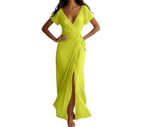 Abito da donna, con scollo a V tinta unita, collo alla coreana, in spandex, da indossare tutti i giorni; con dettagli di design tra cui figura collo solido abbracciare fessura abito lungo silhouette
