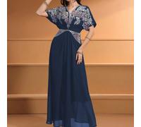 Abito da donna con scollo a V, tinta unita, con ricamo floreale e perline, in stile arabo, vita alta, maniche lunghe, glamour L,M,S,XLBlocchi di colore,Floreale,Piante,stampa dappertuttoTessuto intrec
