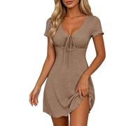 Abito da donna con scollo a V, volant, maniche corte, allacciatura con nodi, abito estivo, abito da skater, abito slim fit, tinta unita, per il tempo libero, per lavoro, casual, feste, cachi, L