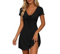 Abito da donna con scollo a V, volant, maniche corte, allacciatura con nodi, abito estivo, abito da skater, abito slim fit, tinta unita, per il tempo libero, per lavoro, casual, feste, Nero , L