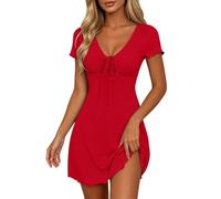 Abito da donna con scollo a V, volant, maniche corte, allacciatura con nodi, abito estivo, abito da skater, abito slim fit, tinta unita, per il tempo libero, per lavoro, casual, feste, Colore: rosso