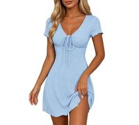 Abito da donna con scollo a V, volant, maniche corte, allacciatura con nodi, abito estivo, abito da skater, abito slim fit, tinta unita, per il tempo libero, per lavoro, casual, feste, Blu, L