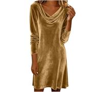 Abito da donna con scollo ad anello increspato in velluto a maniche lunghe, elegante, da cocktail, da sera, ballo di fine anno, feste di ritorno a casa, abito casual in tessuto vellutato da donna
