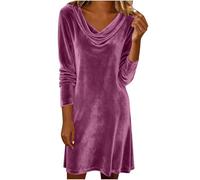 Abito da donna con scollo ad anello increspato in velluto a maniche lunghe, elegante, da cocktail, da sera, ballo di fine anno, feste di ritorno a casa, abito casual in tessuto vellutato da donna