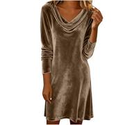 Abito da donna con scollo ad anello increspato in velluto a maniche lunghe, elegante, da cocktail, da sera, ballo di fine anno, feste di ritorno a casa, abito casual in tessuto vellutato da donna